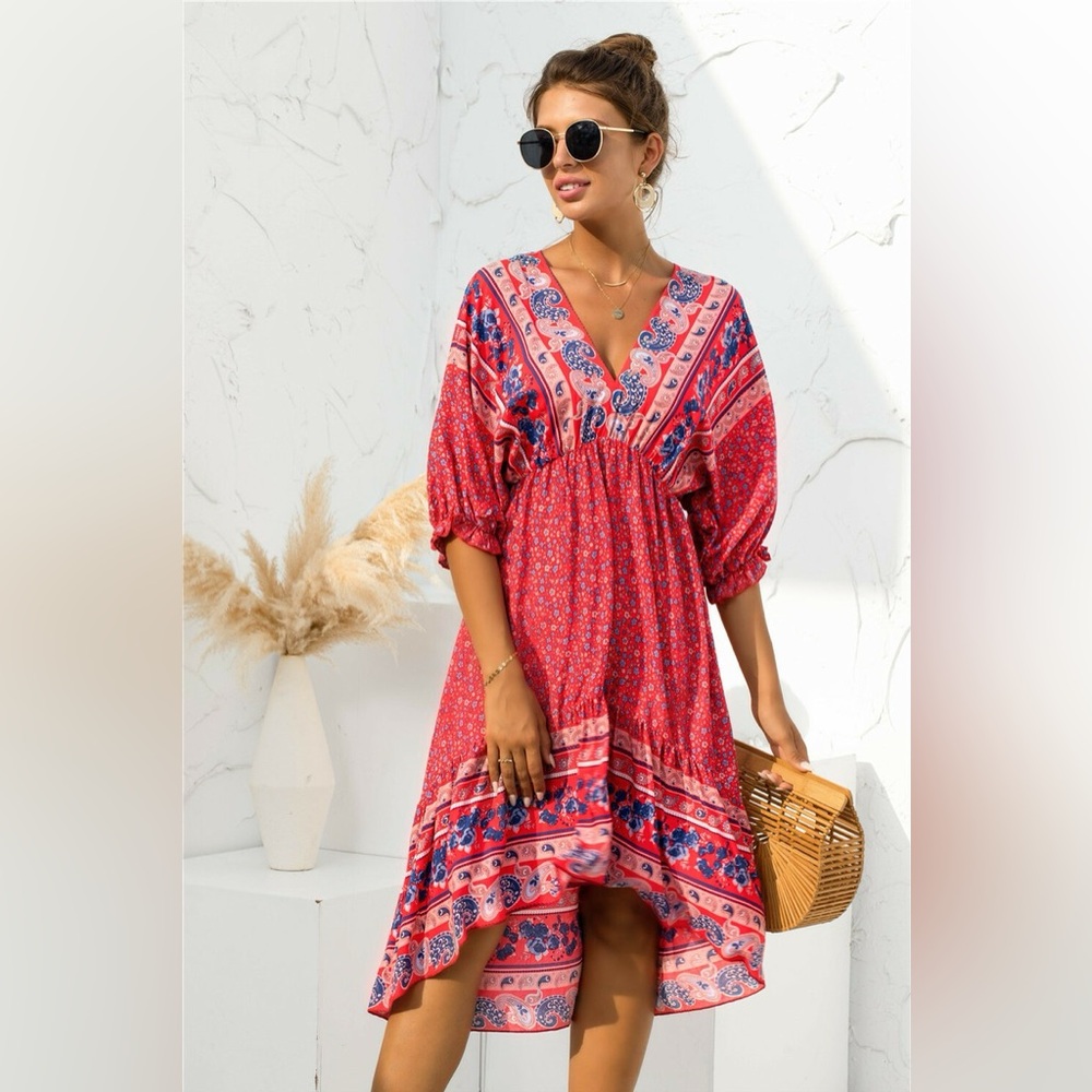 Red and Blue Floral Bohemian Dress